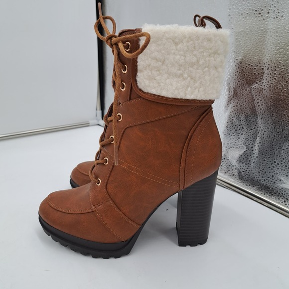 Just Fab Shandee Sherpa Block High Heel Boots Sherpa Trim Lug Sole 7 - Picture 2 of 10